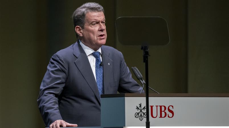 UBS-Verwaltungsratspräsident Colm Kelleher spricht an der UBS-Generalversammlung in Basel.