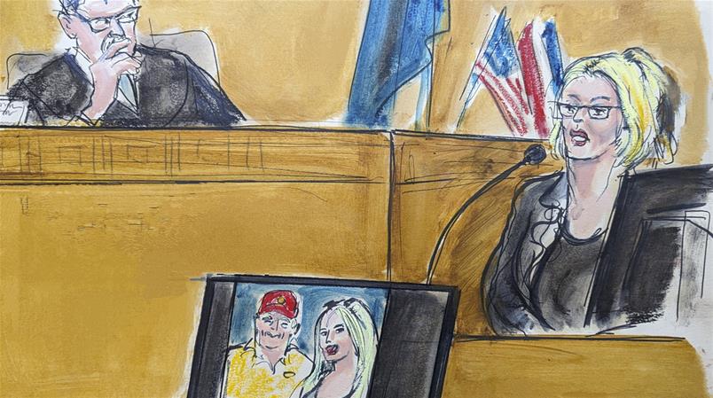 Un disegno della pornostar mentre testimonia davanti al giudice Juan Merchan