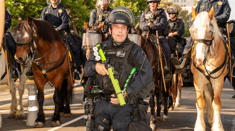 Les forces de l'ordre lors d'une manifestation "No Kings Day" à Los Angeles, le 14 juin 2025.